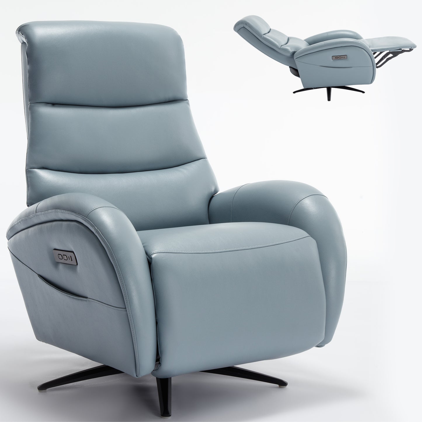 Blue Leatheraire Dual Motor 270° Swivel Power Recliner Chair With Heavy Duty Motion Mechanism, USB and Type-C Charging Ports.