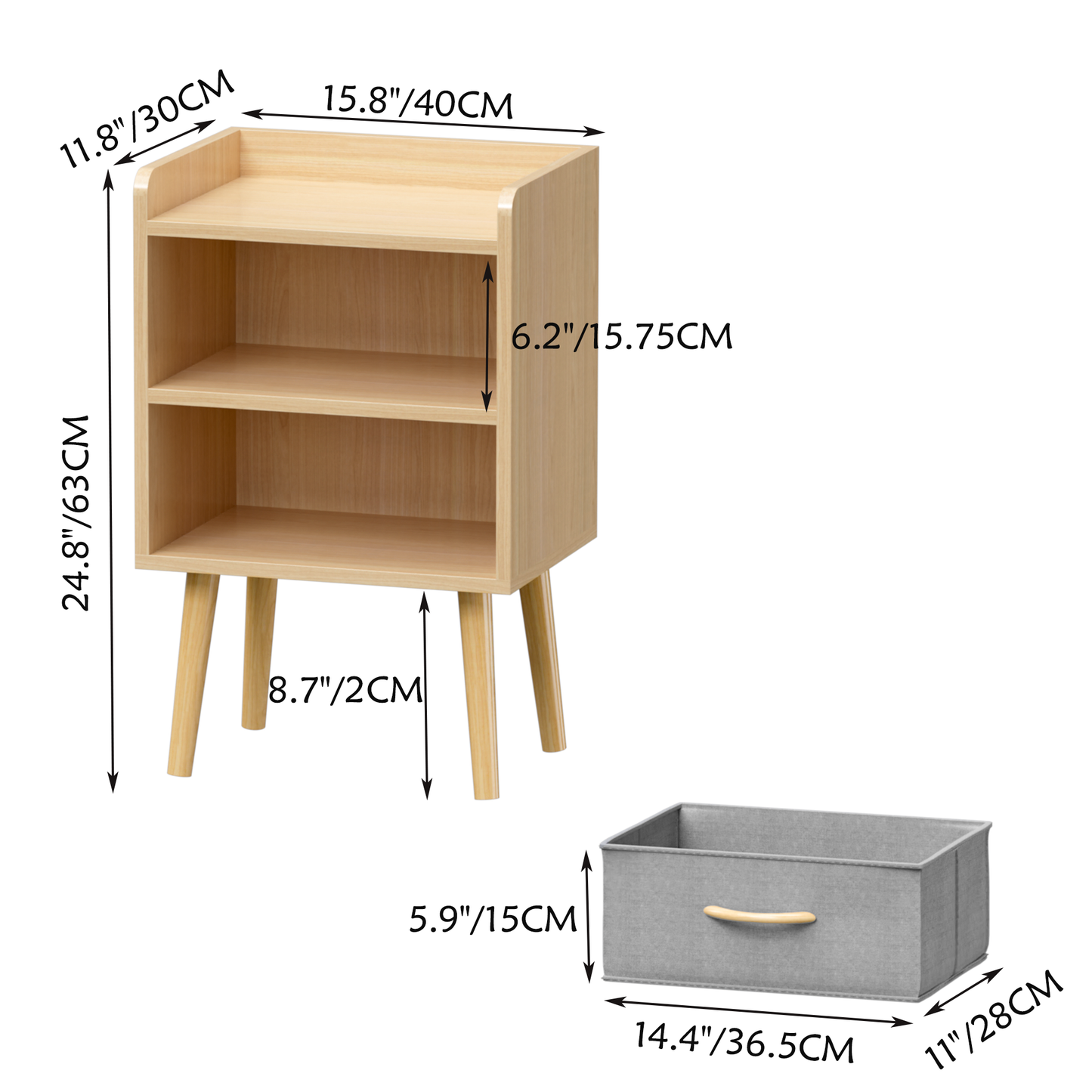 2PC Nightstand With Collapsible Fabric Drawer, 2-Tier Storage End Table, Wood Side Table with Storage Cabinet for Bedroom, Living Room - Oak