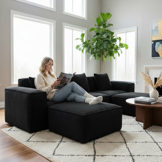 118-inch modular sofa can be converted into an oversized sofa bed Free conversion sofa set flexible configuration, soft corduroy cloud velvet fabric Three-person combination with two footrest  black