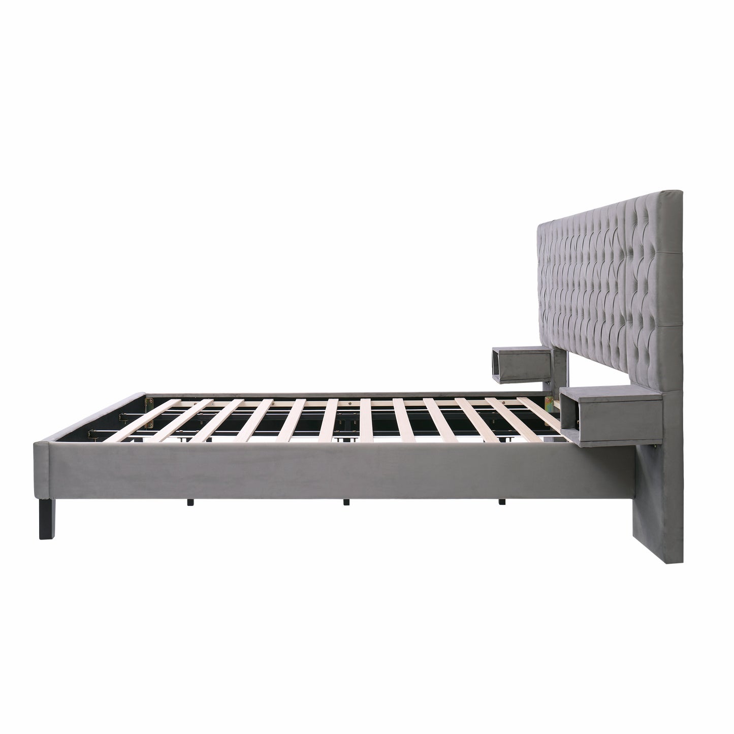 King Size Platform Bed with Headboard, Modern Velvet Upholstered Platform Bed with 2 Nightstands, with diamond tufted, Grey