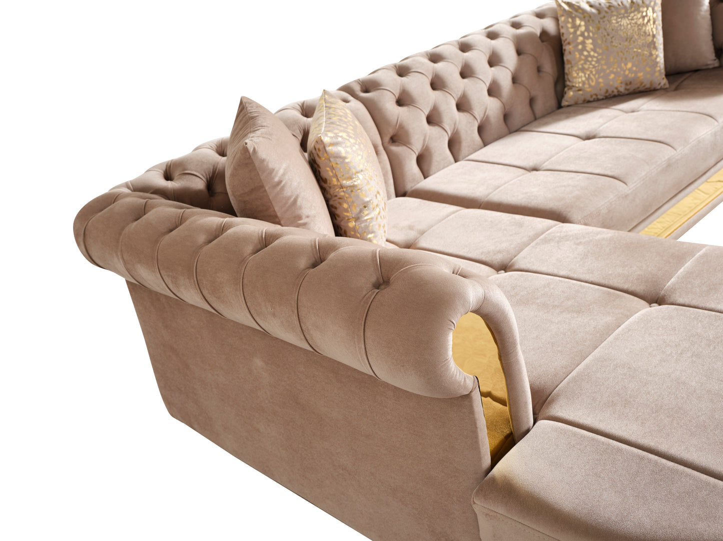Gold Detailed Tufted Upholstery Sectional made with Wood In Taupe