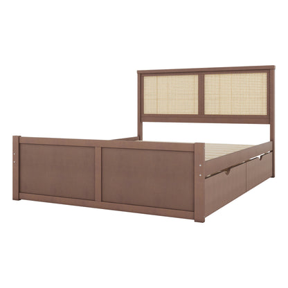 Queen Size Wood Storage Platform Bed with 4 Drawers, Rattan Headboard, Espresso