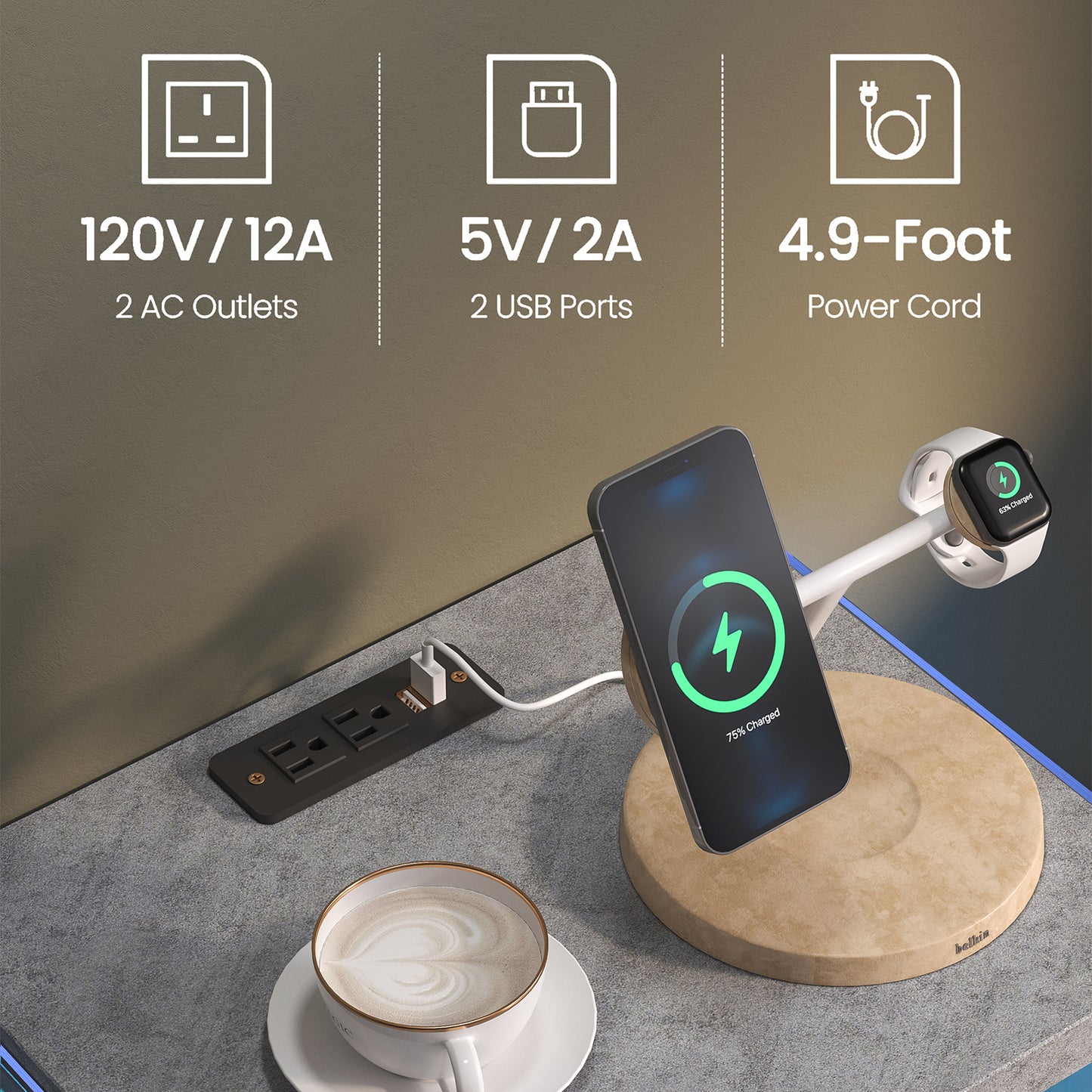 Nightstand with LED Lights, Adjustable Light Colors, Bedside Table, Side Table with 2 Drawers,Grey