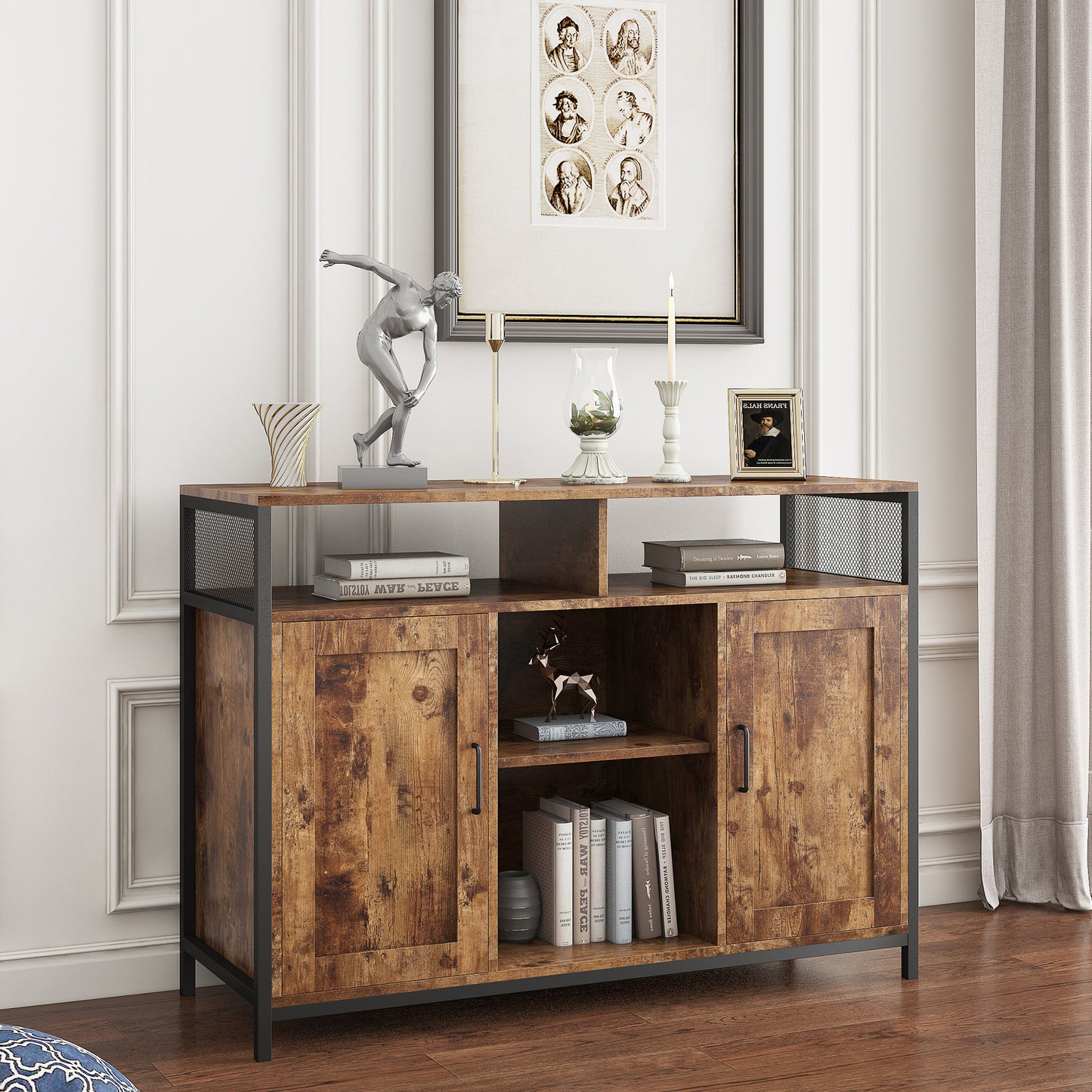 Sideboard, storage cabinet with open shelves for kitchen dining room living room, industrial style, Rustic Brown, 43.7x15.74x31.5Inches