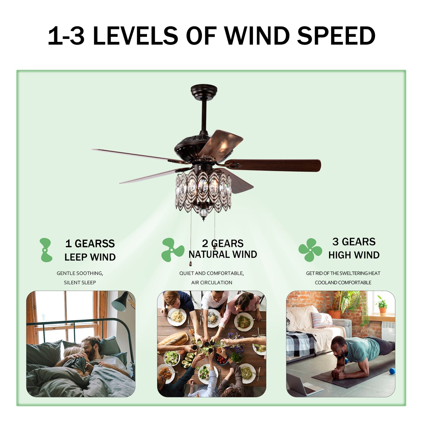 52'' Classical Crystal Ceiling Fan Lamp,3 Speed , 5 Reversible Blades for Living Room, Dining Room, Bedroom, Family Room, Rustic bronze ,3PCS*E12  (NO Include Bulb, Hand Pull Chain)