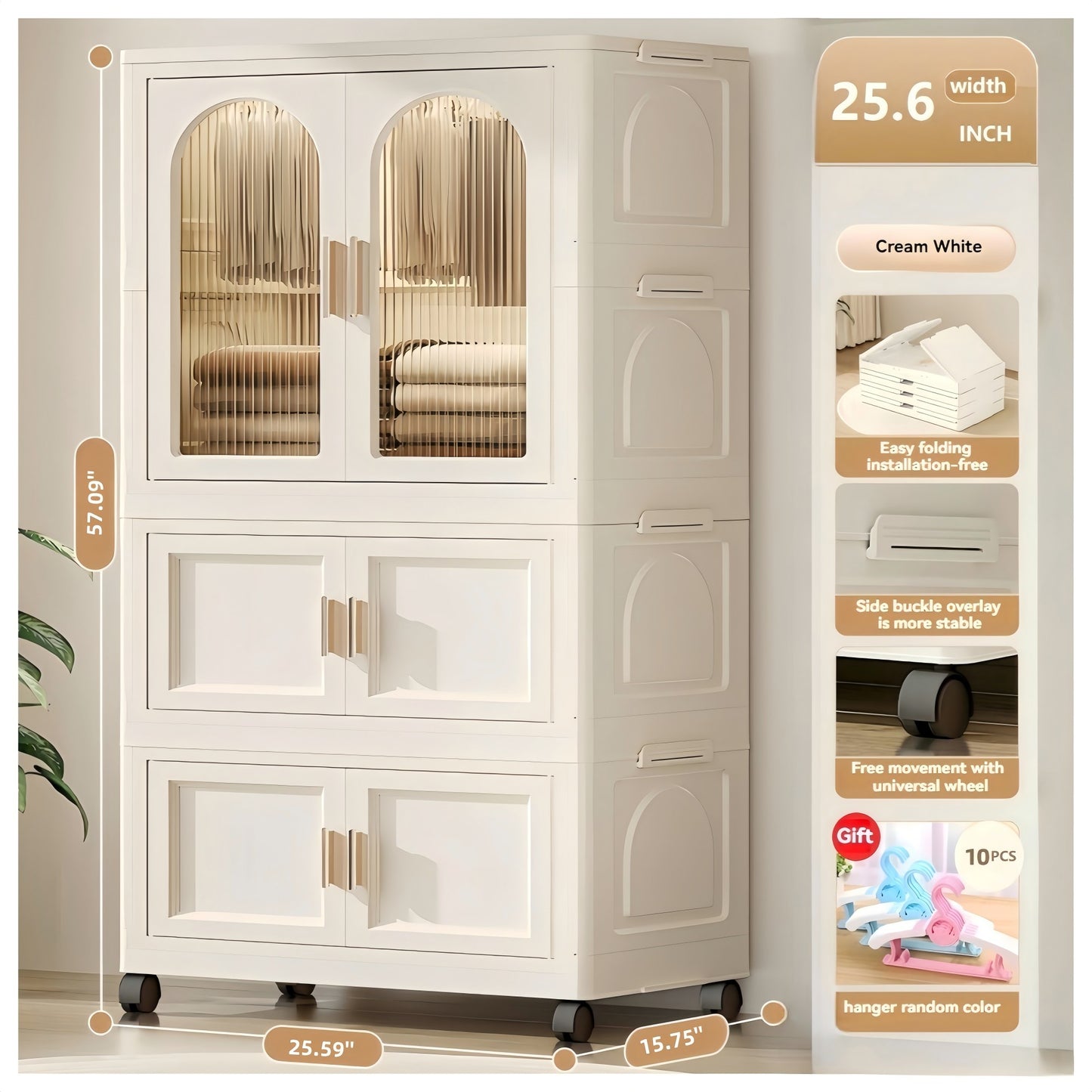 25.59" Side Wide Folding Wardrobe , 25.59"×15.75"×57.09",  with Magnetic Door, Plastic Storage Cabinet with Wheels( one layer of wardrobe + two layers of  folding boxes+10 hangers )