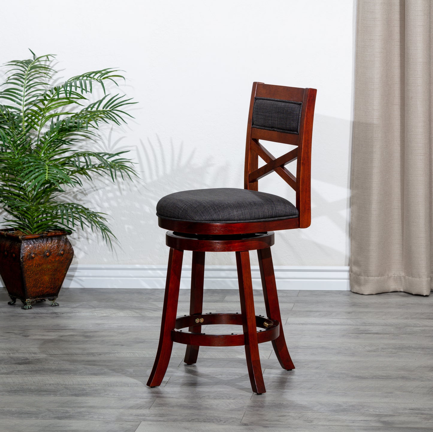 30" Bar Height X-Back Swivel Stool, Stool, Cherry Finish, Charcoal Fabric Seat