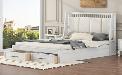 Queen Size Wood Platform Bed with Upholstered Headboard and 2 Drawers, Antique White