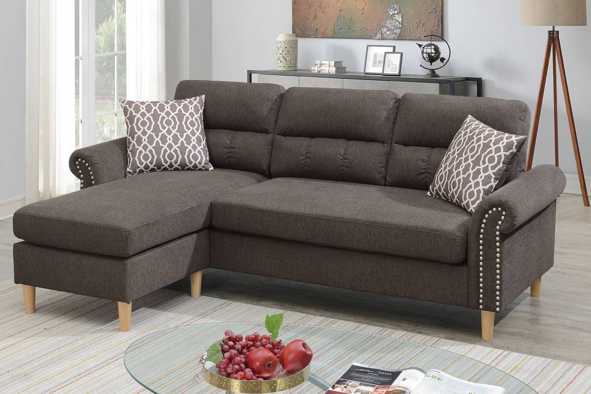 Tan Color Polyfiber Reversible Sectional Sofa Set Chaise Pillows Plush Cushion Couch Nailheads