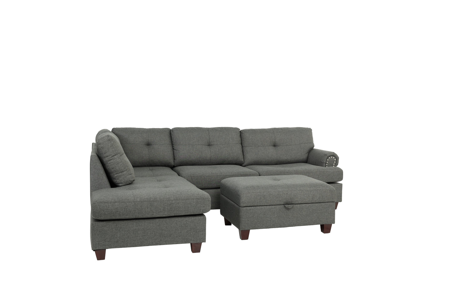 3-pcs Sectional Sofa Blue Grey Polyfiber Cushion Sofa Chaise Ottoman Reversible Couch Pillows