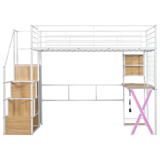 White Twin Size Metal Loft Bed with Built-in Work Station, Wardrobe, Storage Staircase and LED, MDF+Steel