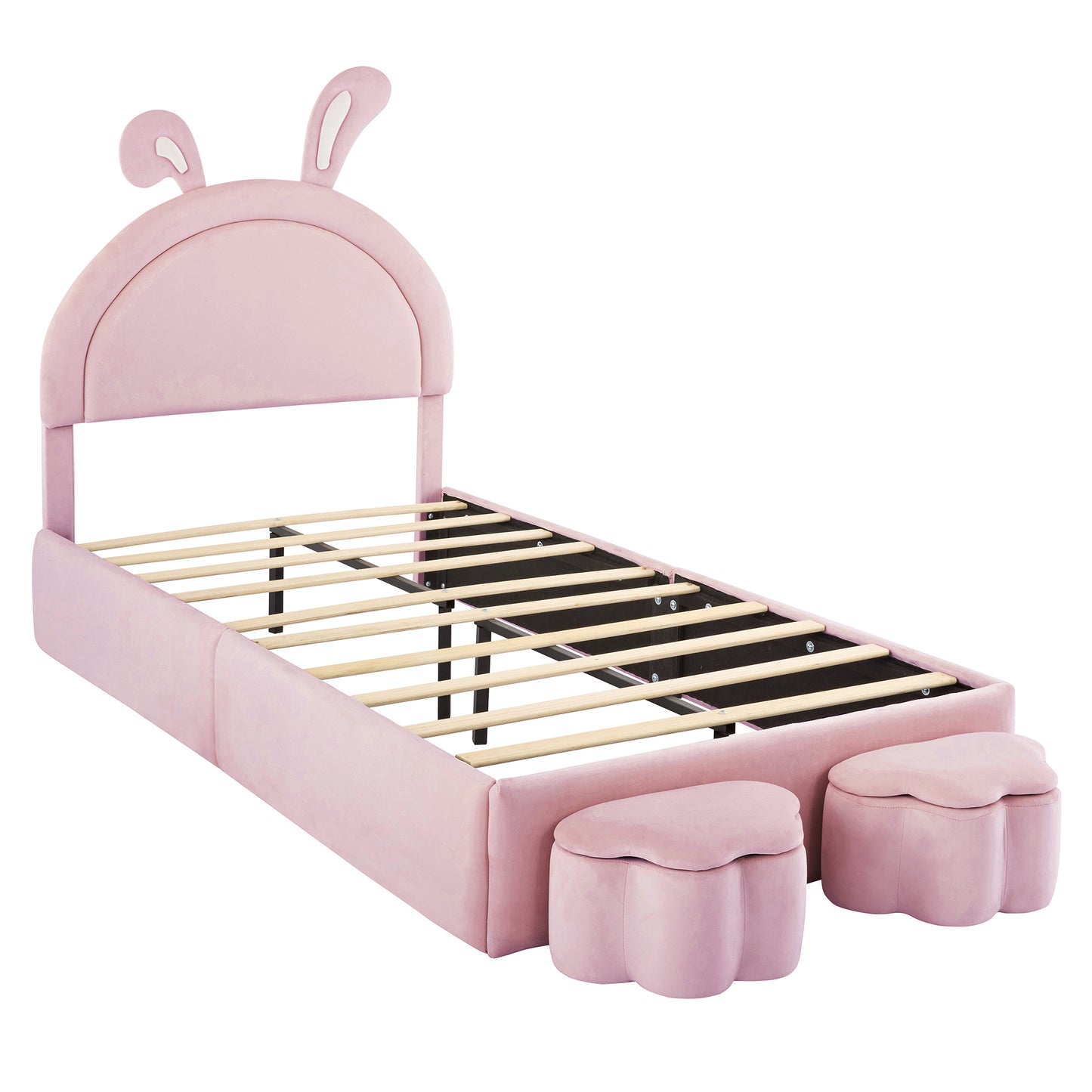 Twin size Upholstered Rabbit-Shape Bed with 2 Storage Stools, Velvet Platform Bed with Cartoon Ears Shaped Headboard, Pink