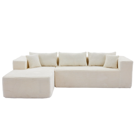 Modern Modular Sofa with Golden Square Legs in White Corduroy, 106.3 x 68.9 x 24.4 Inches