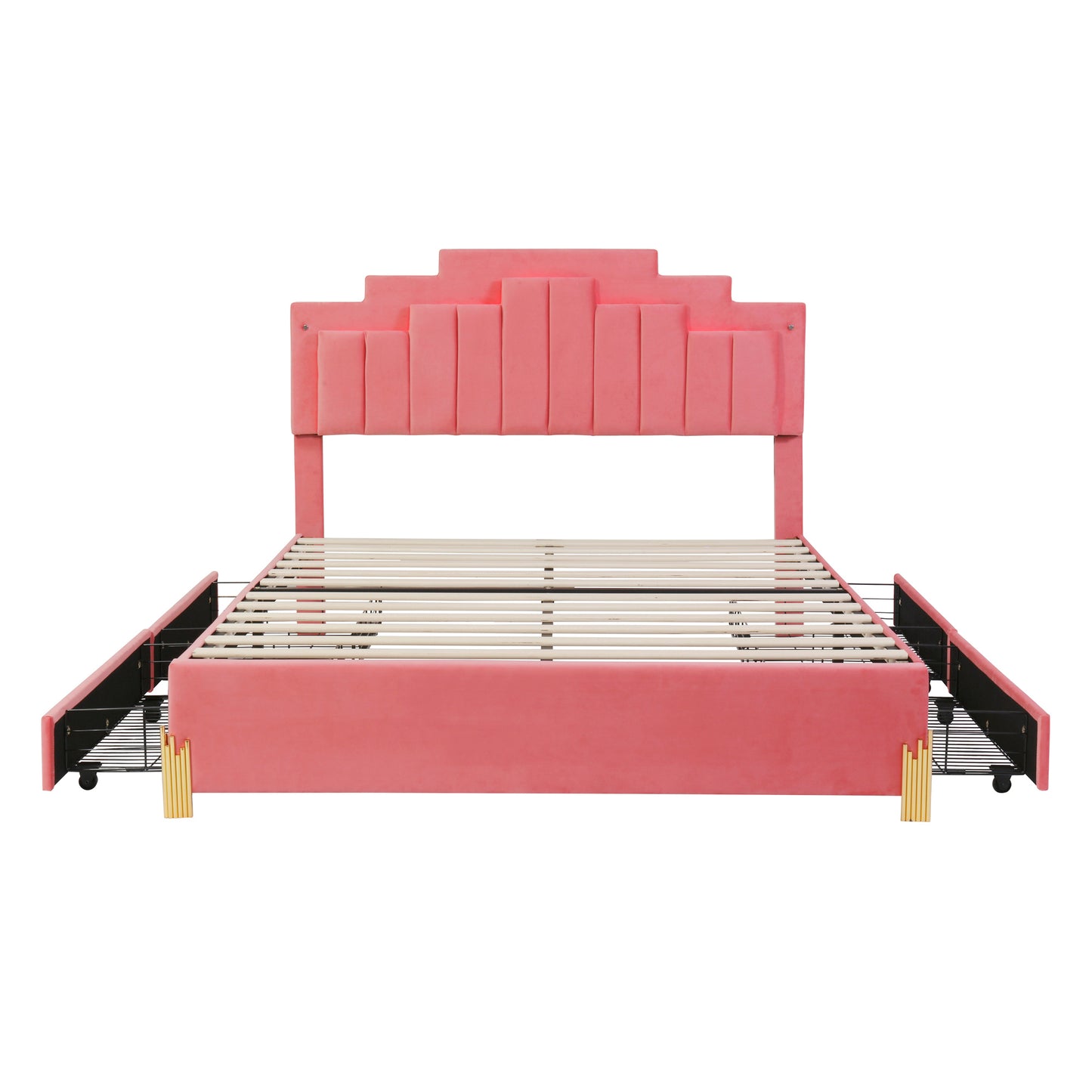 Queen Size Upholstered Platform Bed with LED Lights and 4 Drawers, Stylish Irregular Metal Bed Legs Design, Pink