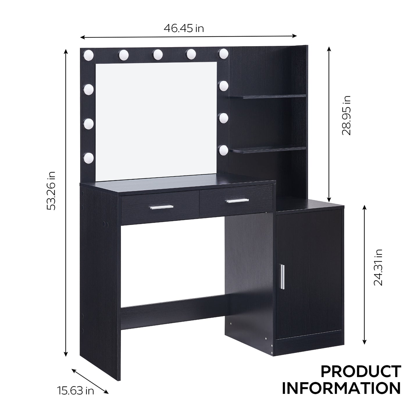 Vanity Desk with Mirror and Lights, 46.4IN Dressing Table with 2 Large Drawer&Large Vertical Organizer, 3 Level Dresser & 3 Lighting Modes Adjustable Brightness, Suitable for Bedroom(Black)