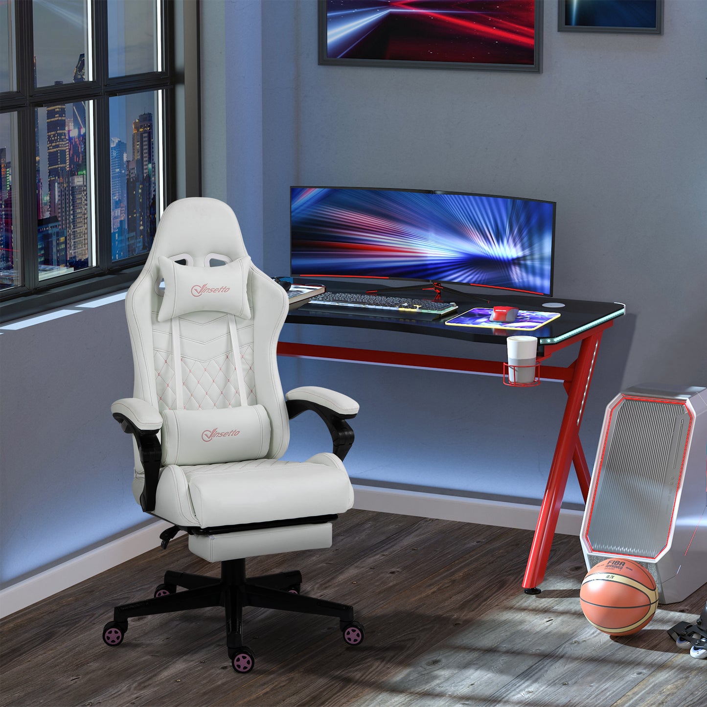 Vinsetto High Back PU Leather Gaming Chair, Racing Computer Chair with Swivel Wheels, Retractable Footrest, Headrest, Lumbar Support, and Armrest, White and Pink