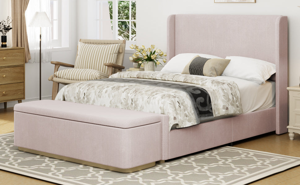 King Size Corduroy Upholstered Bed Frame with 130L Storage Ottoman, and Vertical Stripe Wingback Headboard and High Footboard, Pink