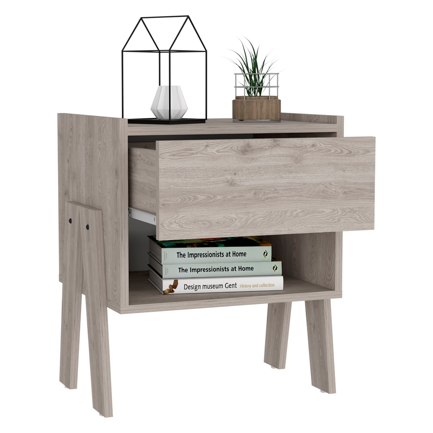 Joy Nightstand , End Table, Side Table Four Legs, One Open Shelf, One Drawer  -Light Gray