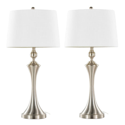 Flint 30" Contemporary Metal Table Lamp in Brushed Nickel with White Textured Slub Linen Shade and Built-In USB Port from Grandview Gallery by LumiSource - Set of 2