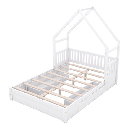 Wood Queen Size House Platform Bed with Guardrail and 2 Drawers, White