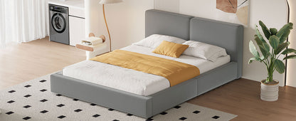 Queen Size Upholstered Platform Bed with Velvet Fabric, Grounded Bed with Solid Frame, Gray