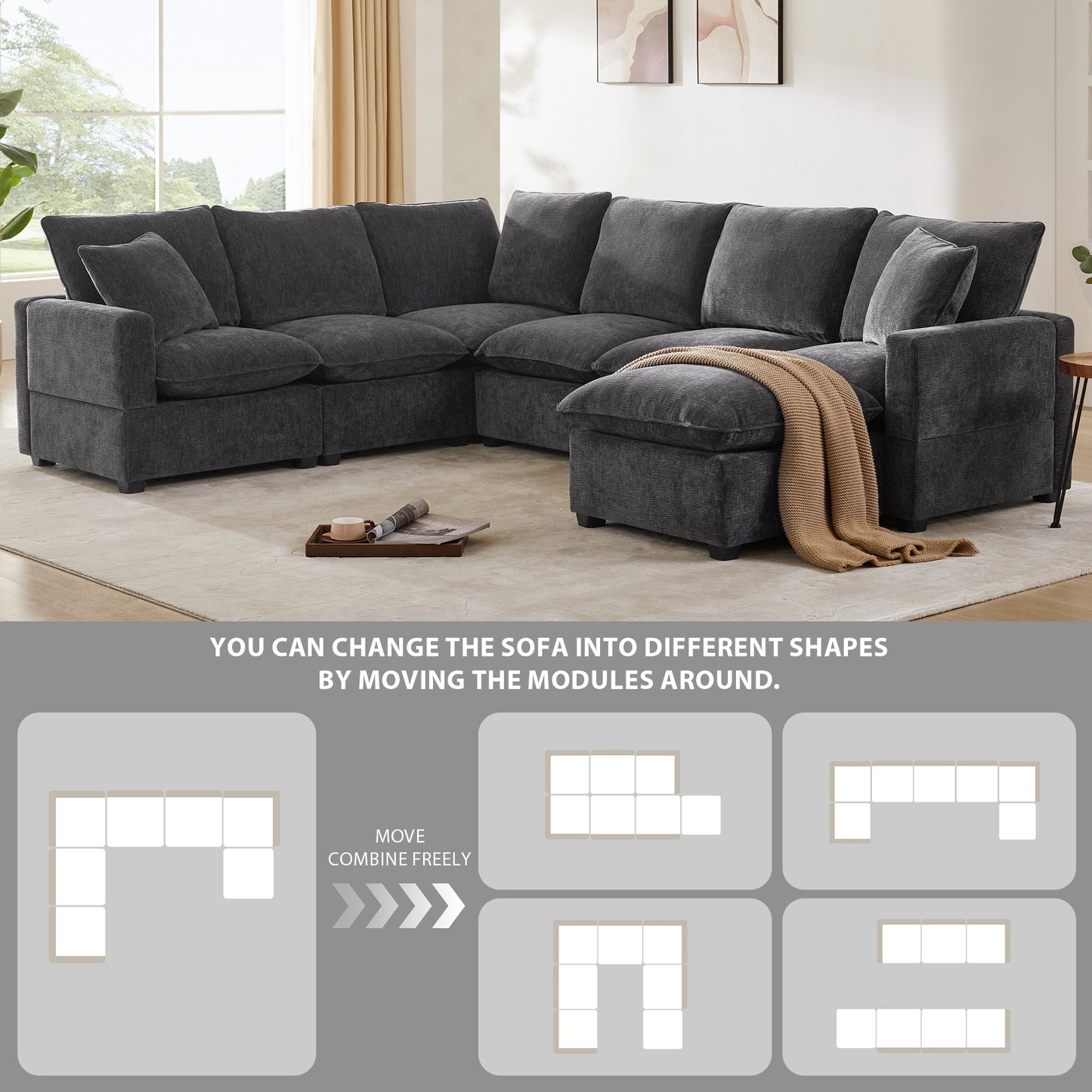 110*86" Modern U Shape Modular Sofa, 7 Seat Chenille Sectional Couch Set with 2 Pillows Included, Freely Combinable Indoor Funiture for Living Room, Apartment, Office, 2 Colors