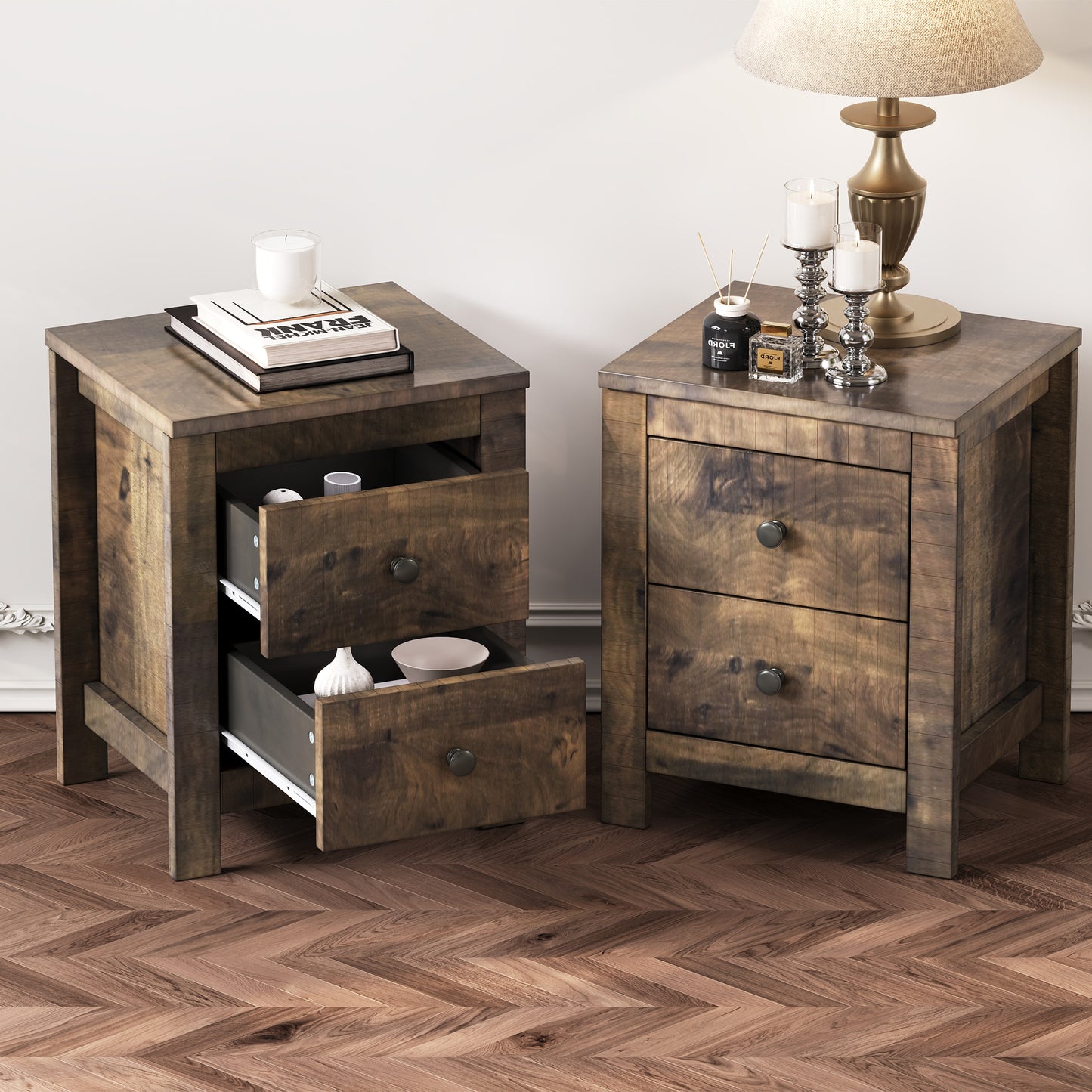 Farmhouse Wooden Nightstand Set of 2 with Retro Design, Wood Side Table with Storage Cabinet for Bedroom, Antique Walnut