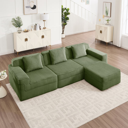 Modular 3 Seat L Shape Sectional Boneless Sofa, Cloud Sectional Couch with Deep Seat, Modern Modular 3-Seat Sofa Couch with Throw Pillows and 1 Movable Ottoman, Corduroy Fabric Green