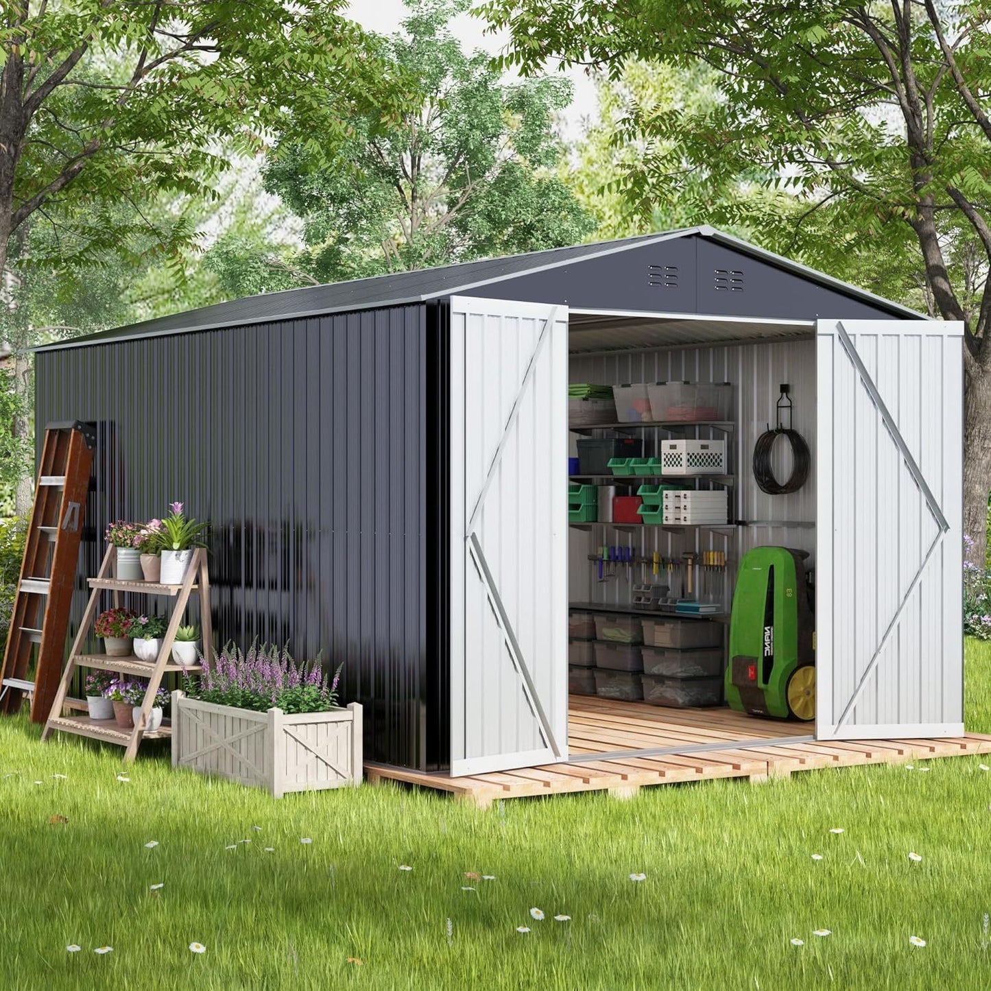 Outdoor Sheds 10FT x 10FT & Outdoor Storage Clearance, Metal Anti-Corrosion Utility Tool House with Lockable Door & Shutter Vents, Waterproof Storage Garden Shed for Backyard Lawn Patio