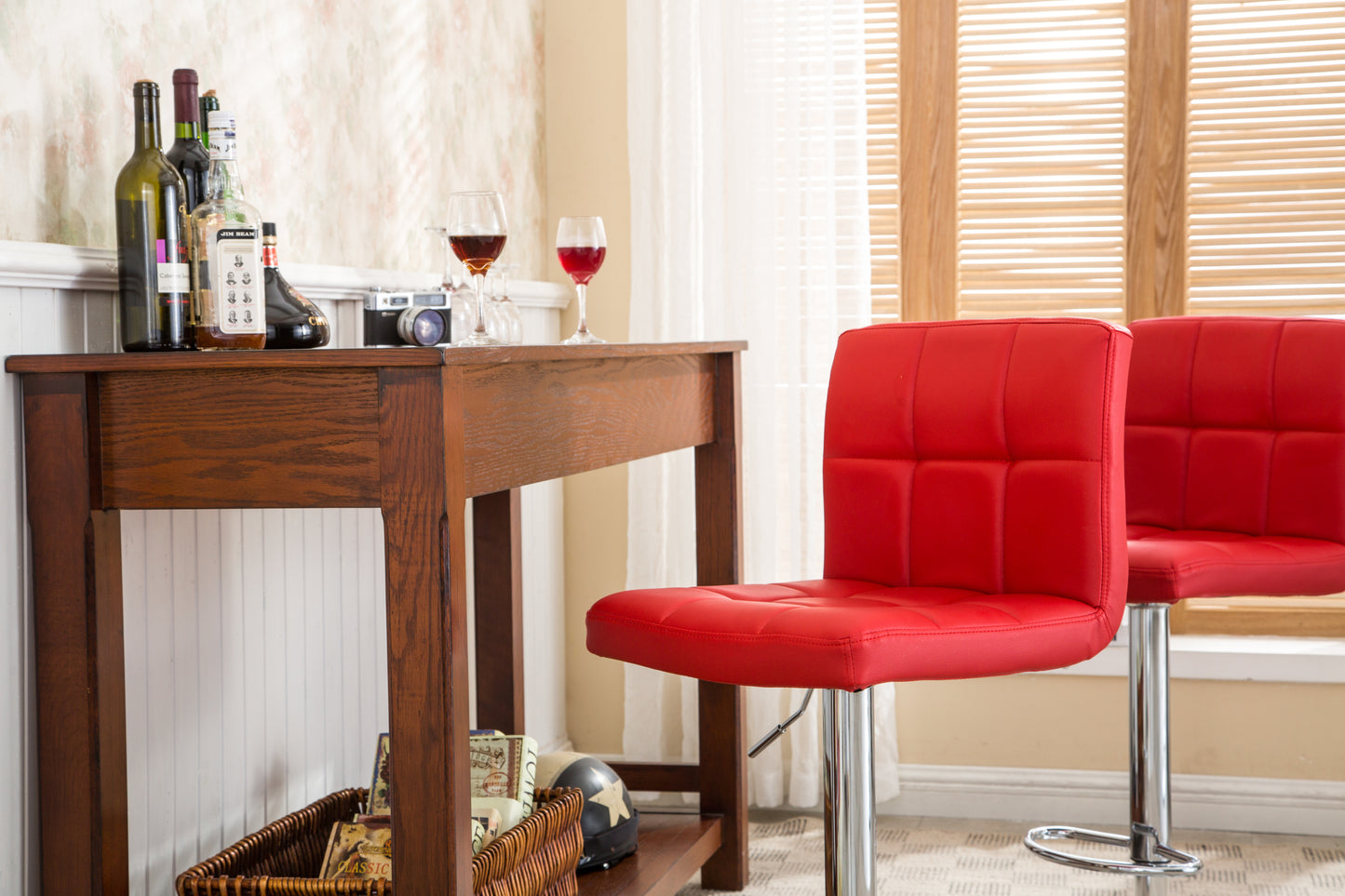 Swivel Faux Leather Adjustable Hydraulic Bar Stool, Set of 2, Red