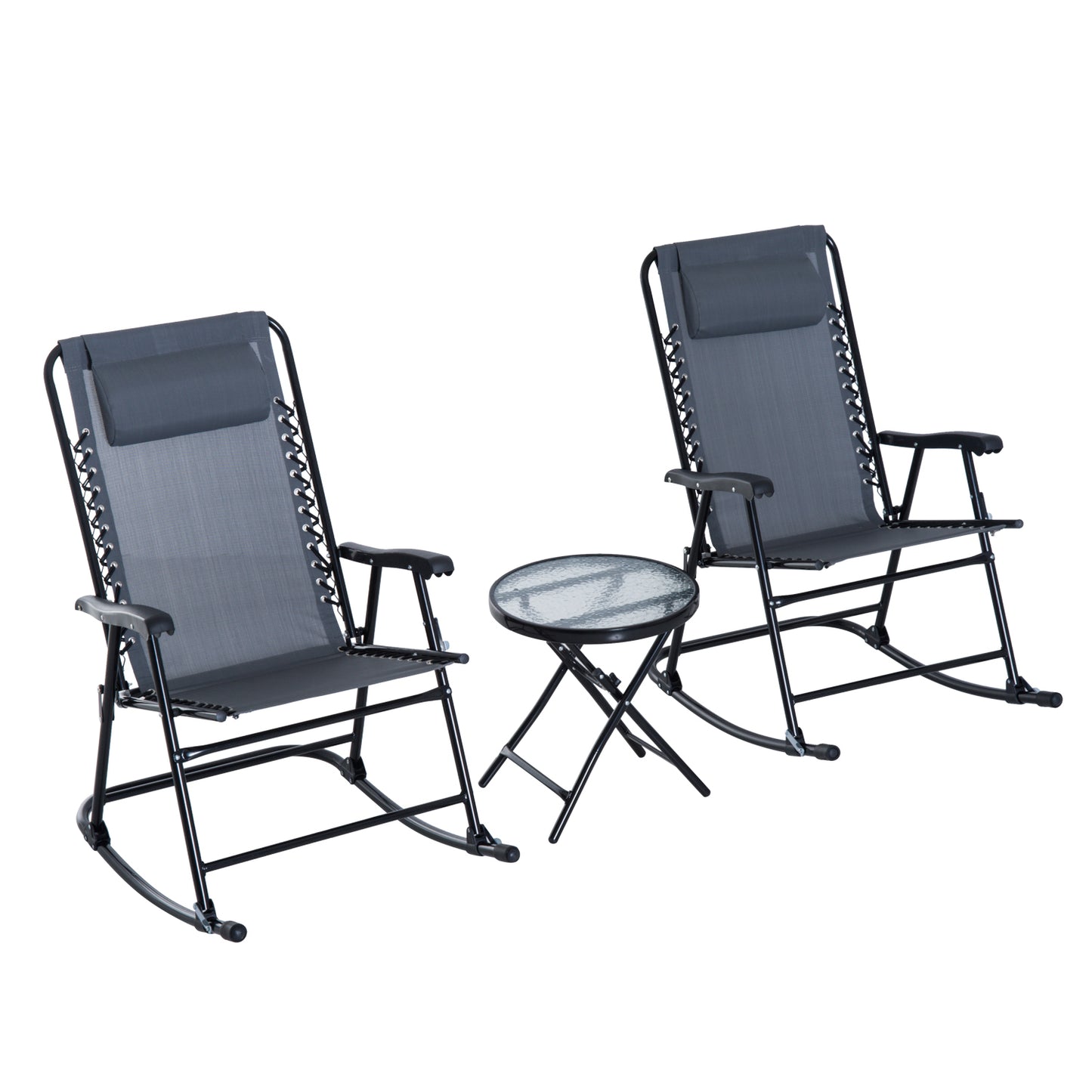 Outsunny 3 Piece Outdoor Rocking Bistro Set, Patio Folding Chair Table Set with Glass Coffee Table for Yard, Patio, Deck, Backyard, Grey