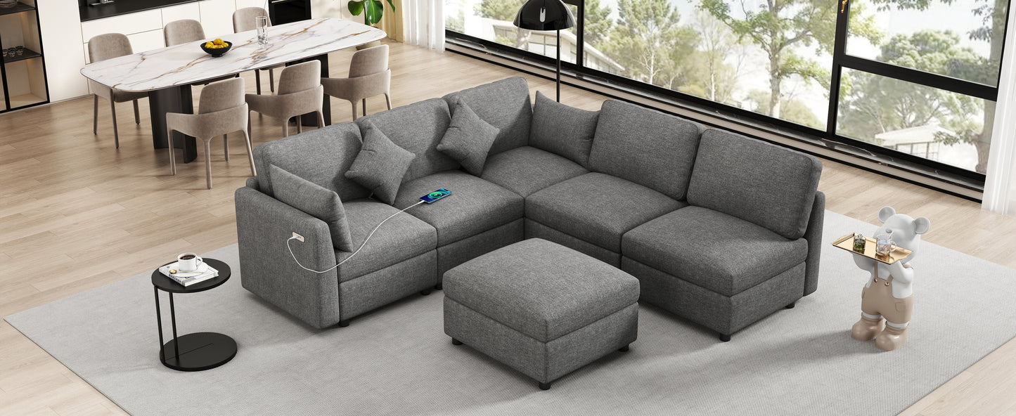 85.4" Sectional Sofa Modular Sofa U-shaped Sofa Couch Sofa Bed L-shaped Sofa with a Movable Ottoman and Two USB Ports for Living Room, Grey
