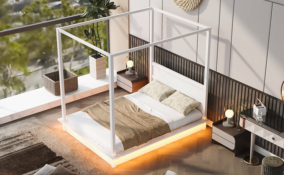 Queen Size Wood LED Canopy Bed ,Canopy Platform bed With Support Slats, No Box Spring Needed, White