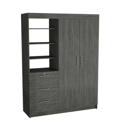 3-Tier Shelf and Drawers Armoire with Metal Handles, Smokey Oak