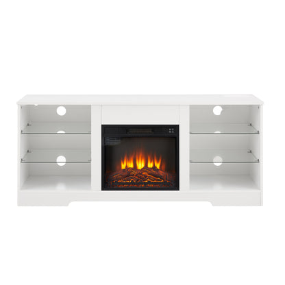 TV Stand Electric Fireplace TV Stand with Glass Shelves, 3D Fireplace TV Stand with LED Lights Wood with USB Charging Outlet Modern Television Table Center for TV up to 32-62" White 58''W*15.5''D*24.4