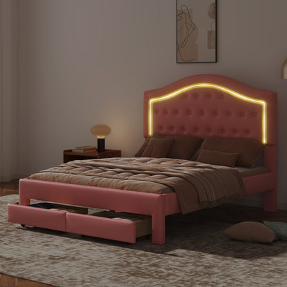 Queen Size Upholstered Platform Bed with Tufted Headboard, LED and 2 Drawers, Pink