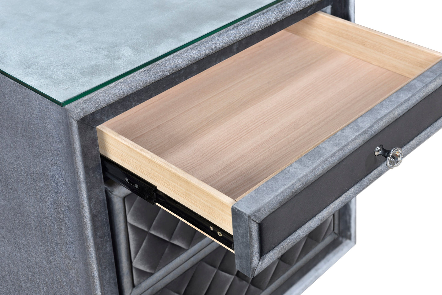 1pc Glam 3-Drawer Nightstand Velvet Tufted Drawer Front Jewelry Tray Faux Crystal Drawer Knobs