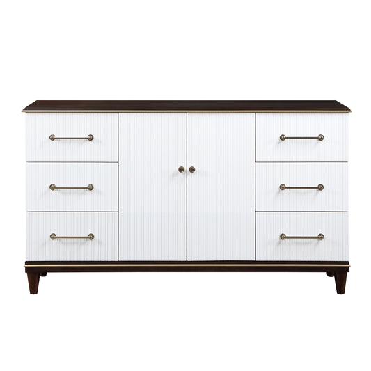 Contemporary White and Cherry Finish 1pc Dresser of 6x Drawers 2x Shelves Modern Bedroom Furniture 2-Tone Finish with Gold Trim