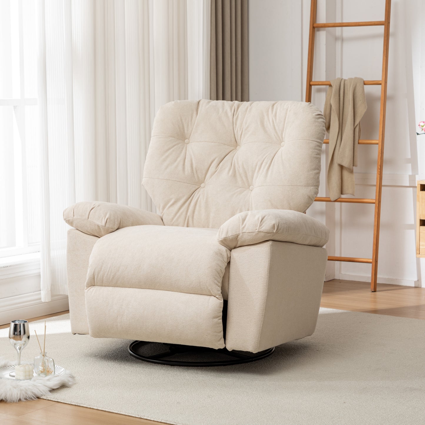 Beige Relaxing Recliner Chair,Soft Artificial Fleece, Overstuffed, Swivel, Glider, Side Pocket