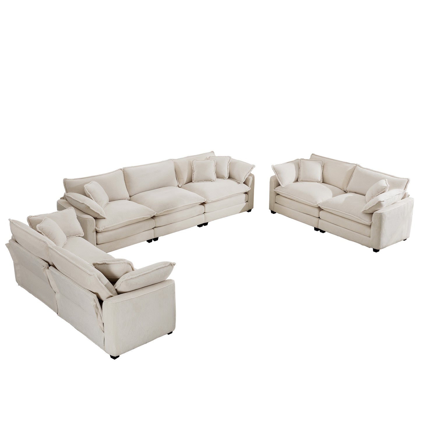 Modern Fabric Living Room Sofa 2-Piece Set, Upholstery Deep Seat Sofas in Light Beige Corduroy