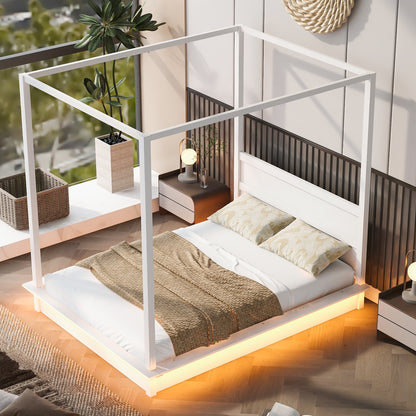 Queen Size Wood LED Canopy Bed ,Canopy Platform bed With Support Slats, No Box Spring Needed, White