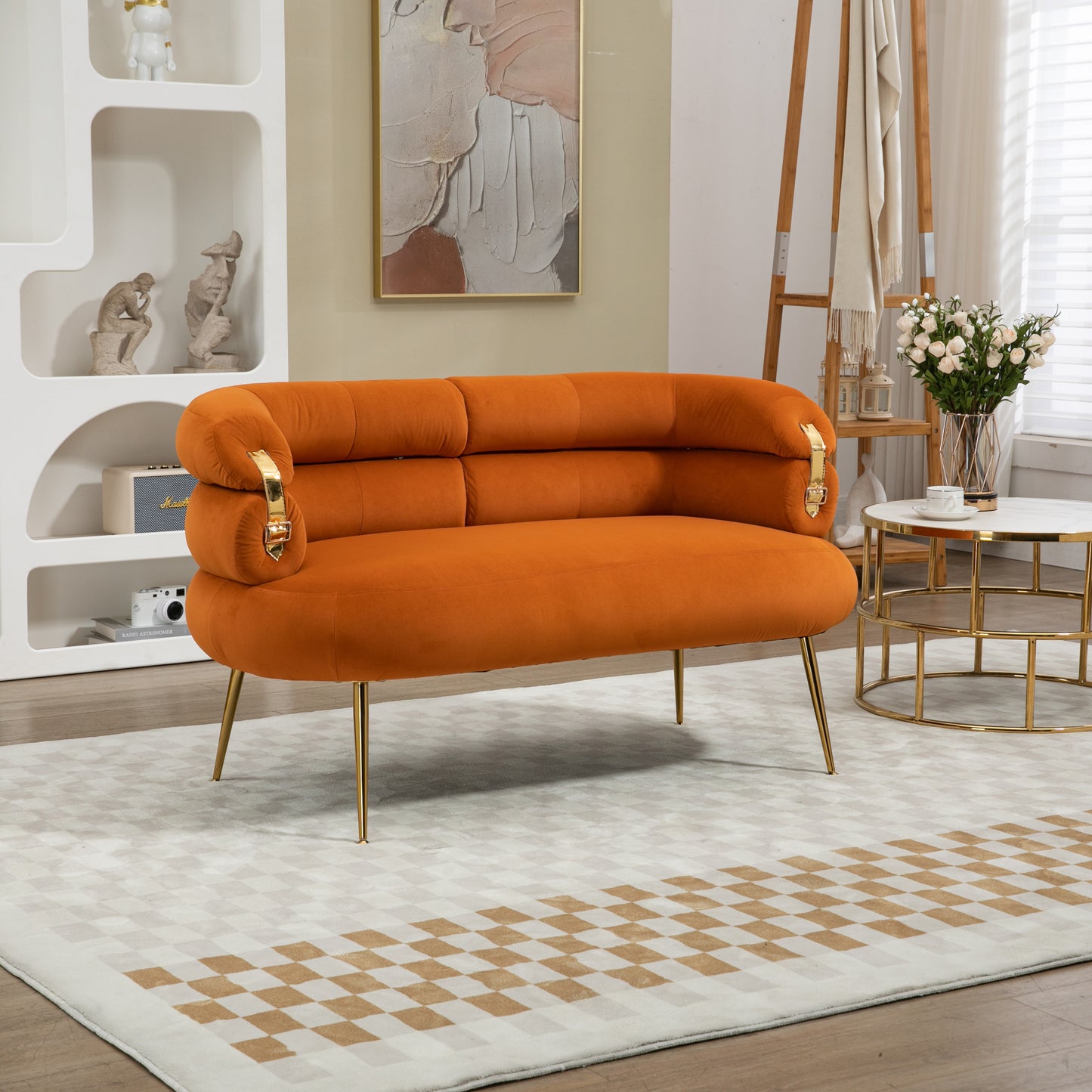 COOLMORE Small Loveseat Sofa, Upholstered Mini Couch with Curved Backrest with Stylish Golden Decor, Small Comfy Love Seat Leisure Accent Couch for Living Room, Bedroom, Office (Orange)