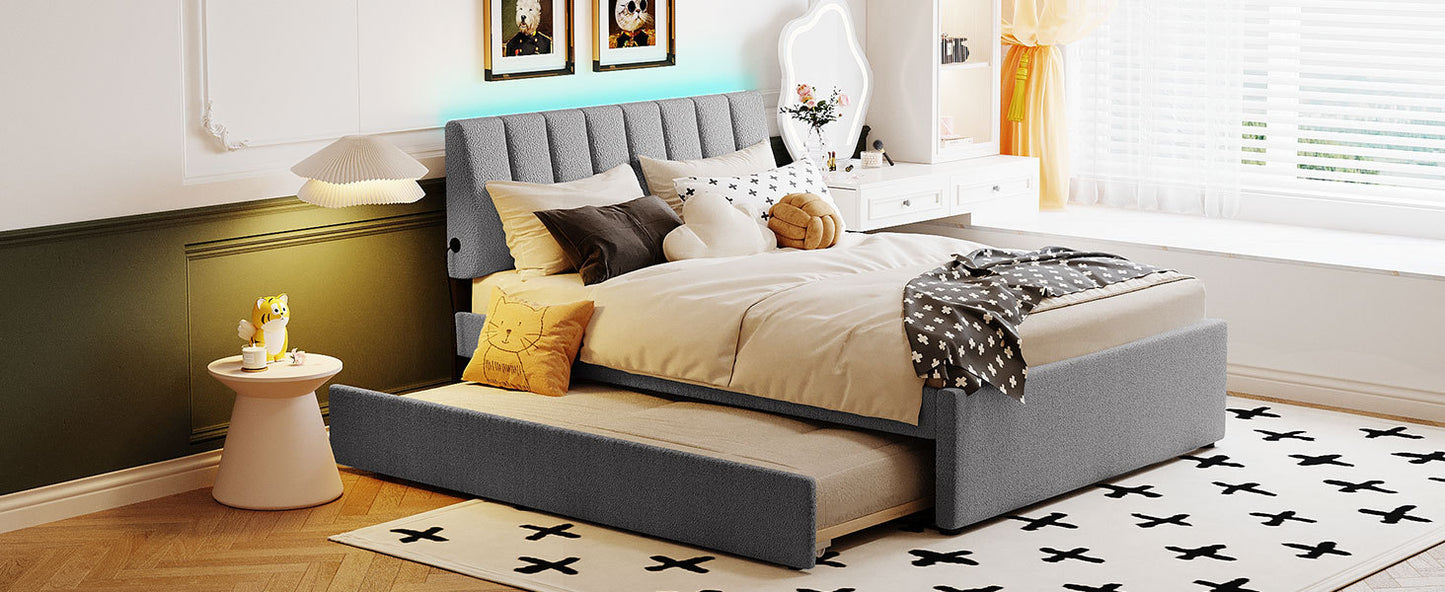 Teddy Fleece Full Size Upholstered Platform Bed with Twin size Trundle, Gray