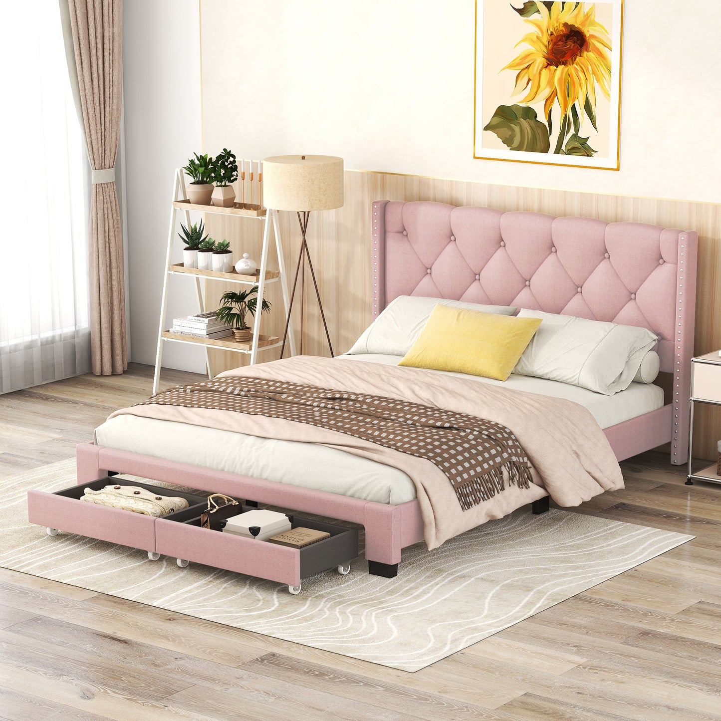 Queen Size Storage Bed Linen Upholstered Platform Bed with Two Drawers - Pink