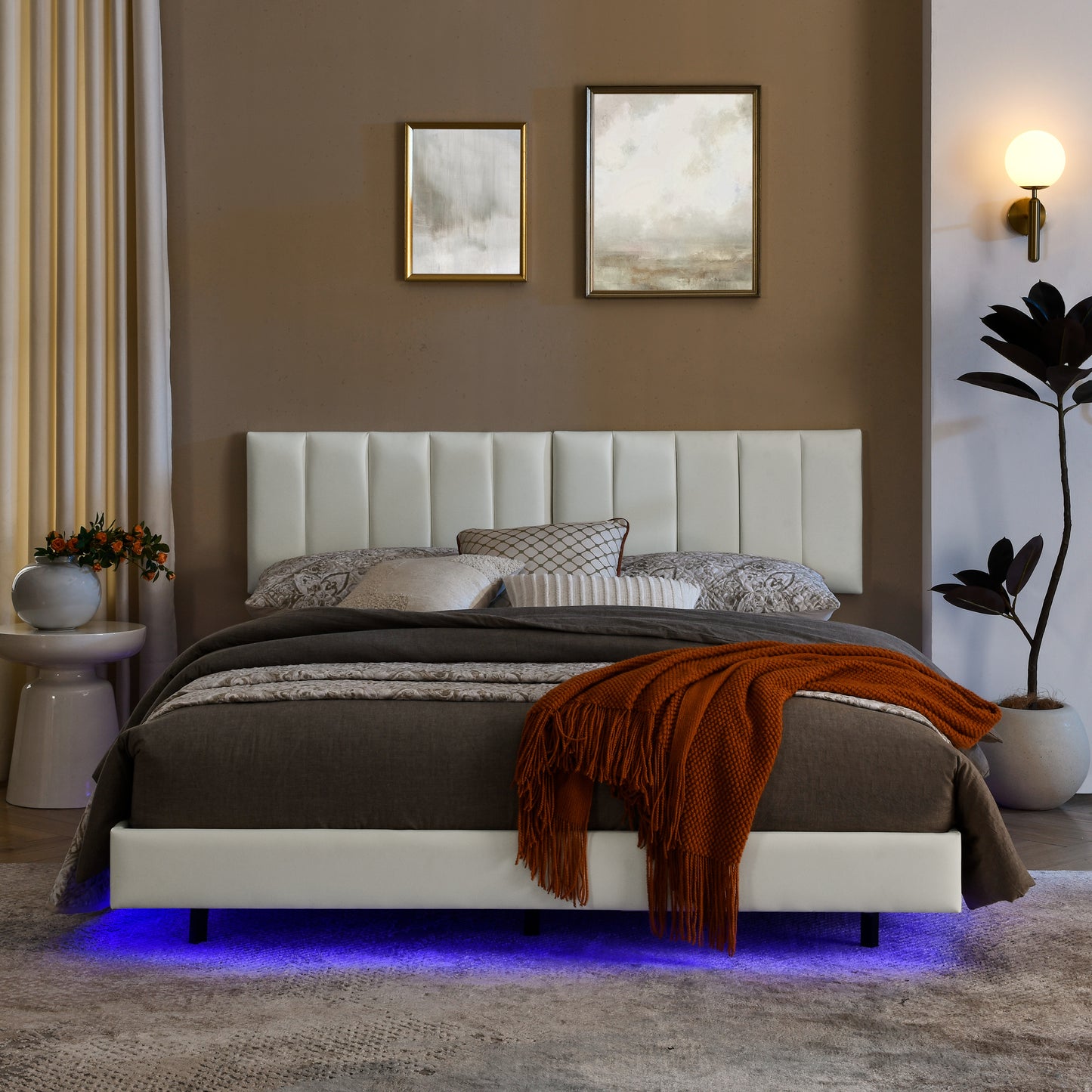 Queen Floating Bed Frame with LED Lights and Wall Mounted Headboard Modern Low Profile Led Platform Bed Frame Queen Size Faux Leather Upholstered Platform Bed Frame,No Box Spring Needed,White