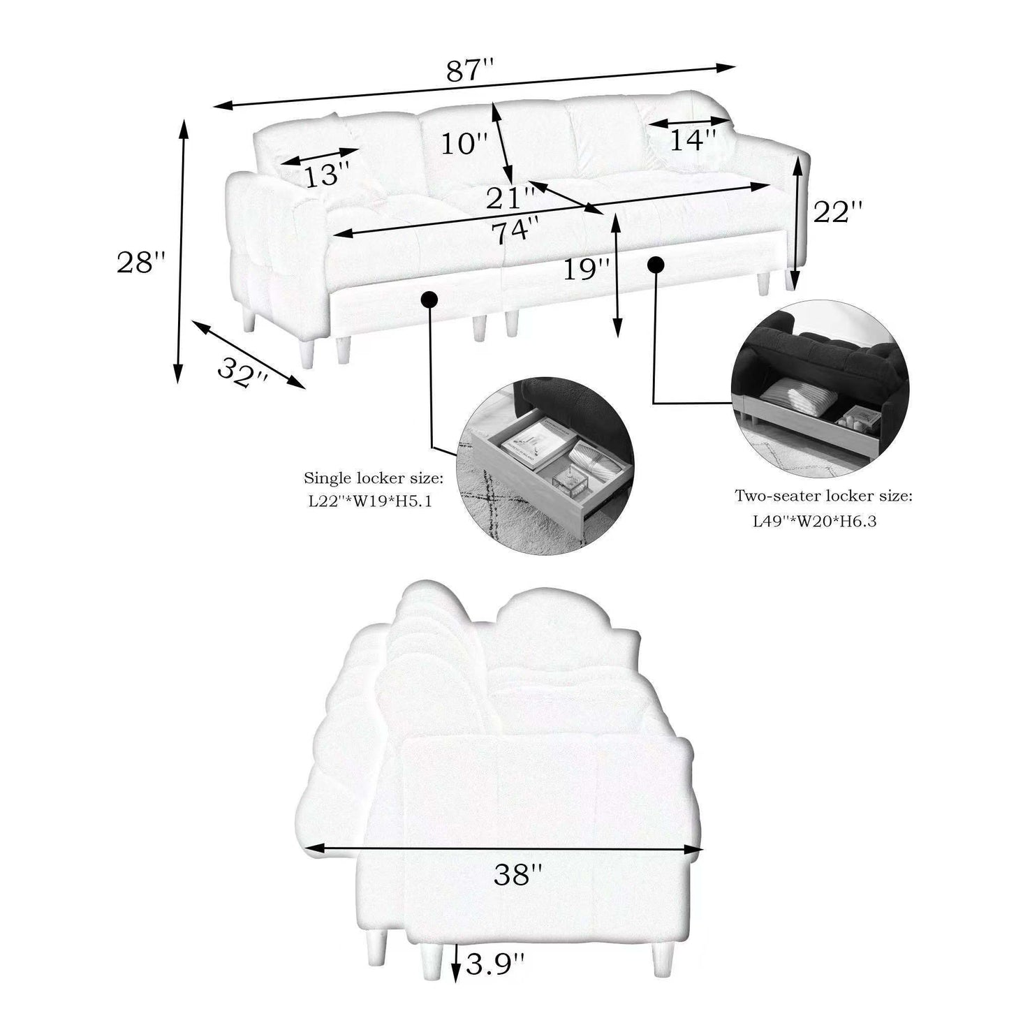 84.64 inches  black three-person sofa lift sofa bed with locker sofa bed, sofa soft and comfortable, suitable for bedroom, living room