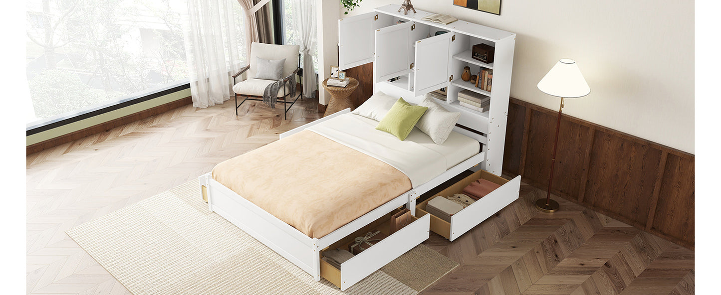 Queen Size Platform Bed with Storage Headboard and 4 Drawers, White