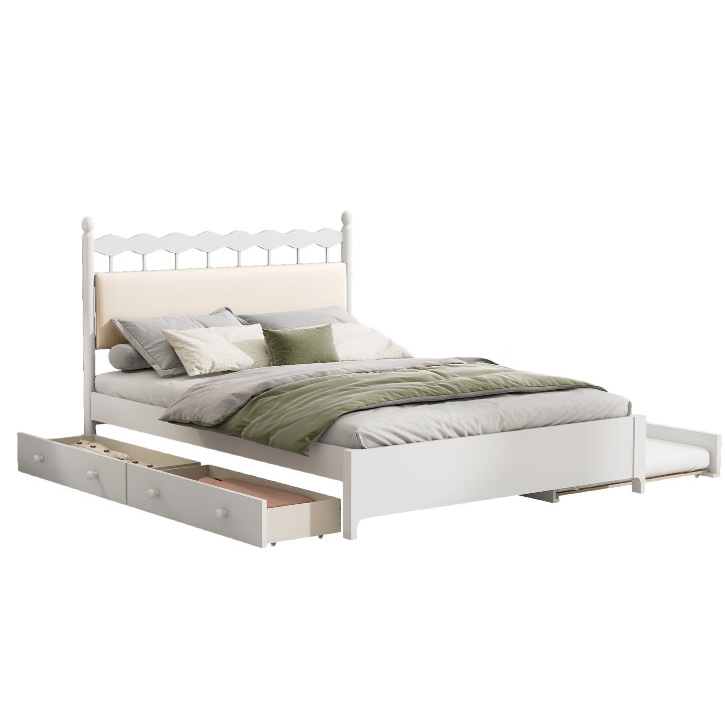 Queen Size Wooden Storage Platform Bed, with 2 Big Drawers, T Size Trundle, White