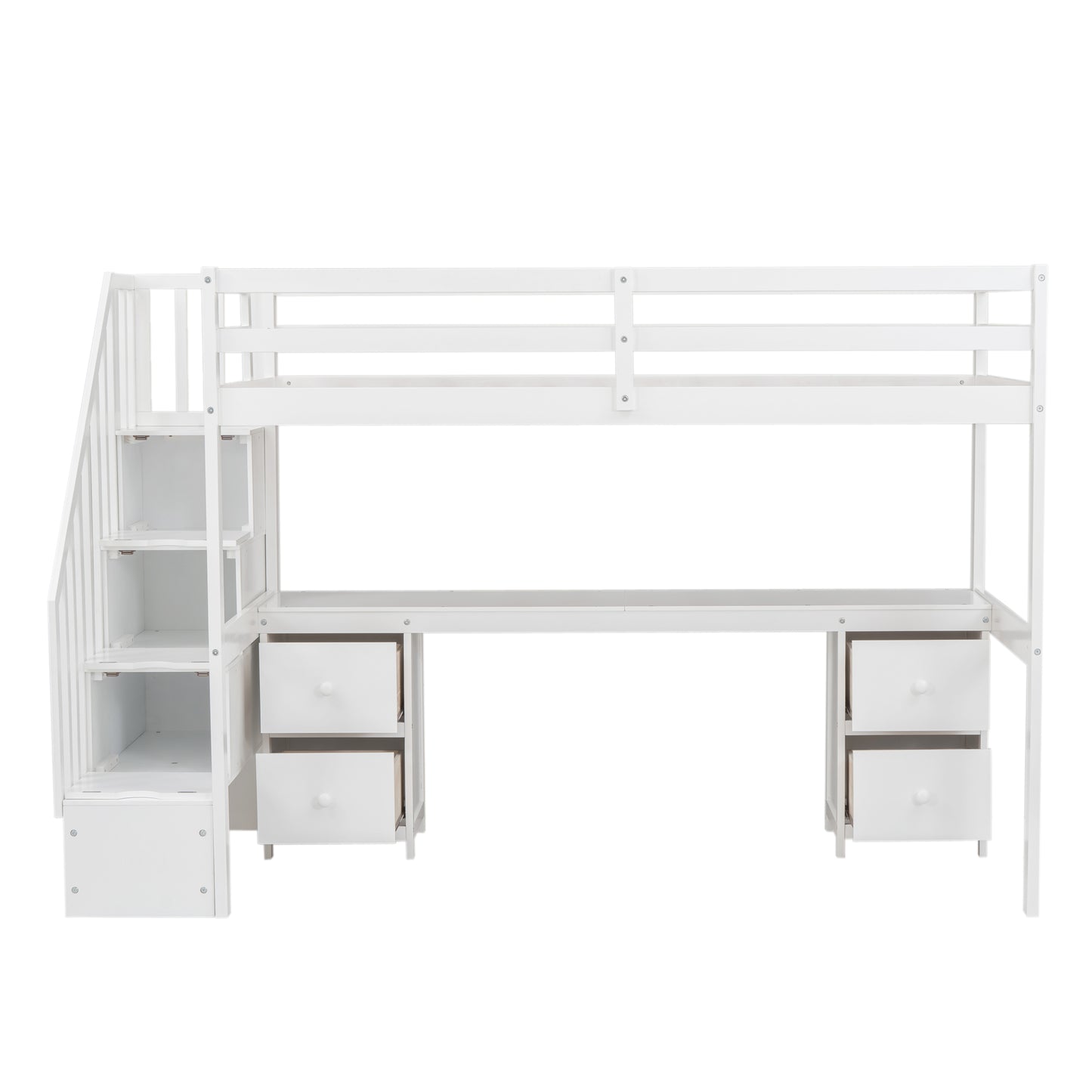 White Twin Size Loft Bed Frame with Built-in Desk and Double Storage Drawers, Solid Pine Wood and MDF Construction