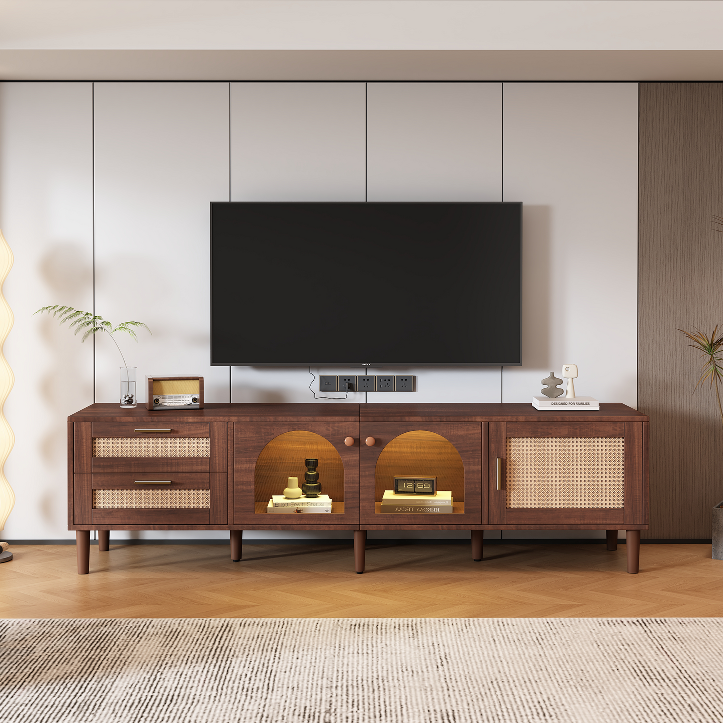 Rattan TV Stand with 3 Cabinets & 2 Drawers, Rattan-inspired Media Console Table for TVs up to 80'', LED Light Entertainment Center, TV cabinet for Living room, Bedroom, Home Theatre